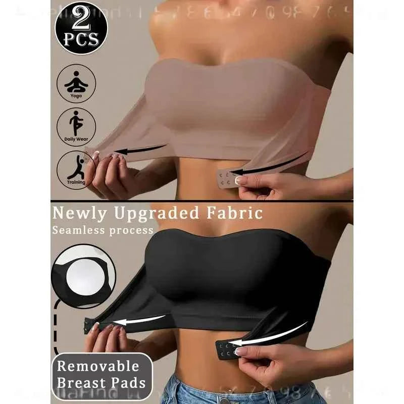 2-Piece Strapless Bandeau Bra Set with Front Hook Closure, Removable Pads and Ruffled Edge Detail
