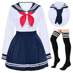 Women's Sailor-Inspired Pleated Uniform Set with Long Sleeve Top, Neck Scarf and Socks