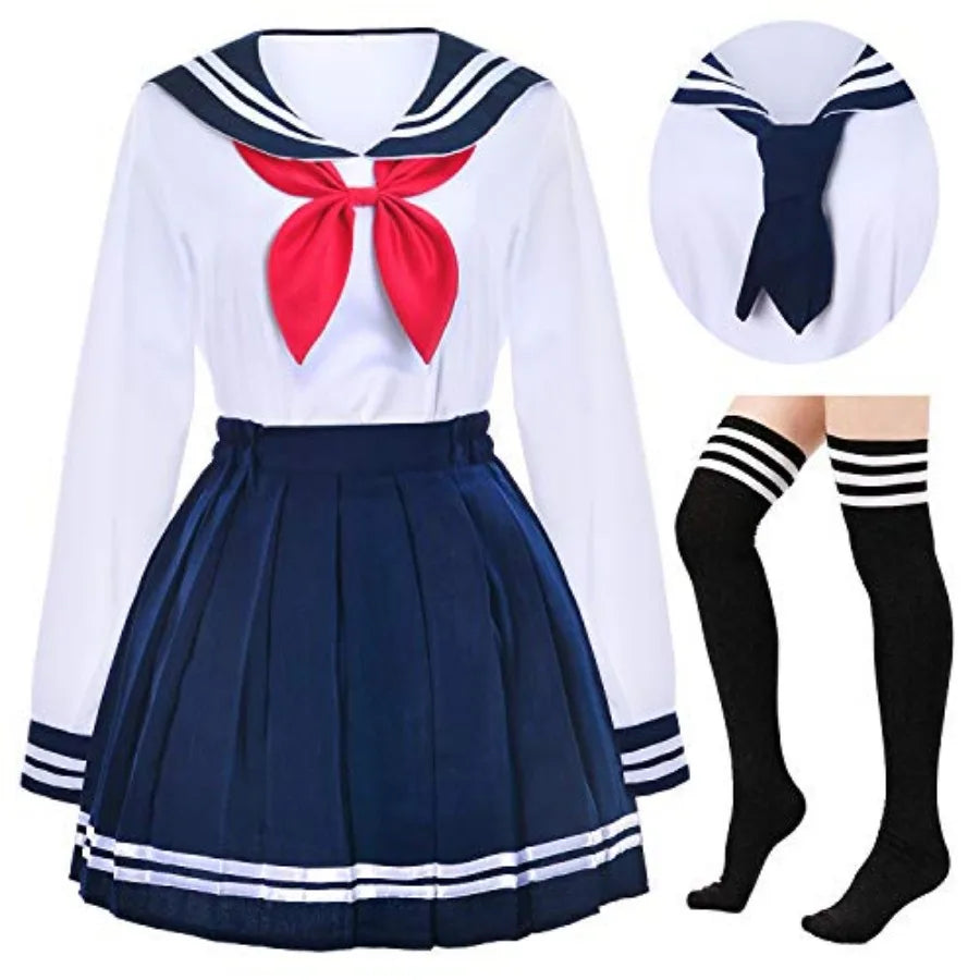 Women's Sailor-Inspired Pleated Uniform Set with Long Sleeve Top, Neck Scarf and Socks