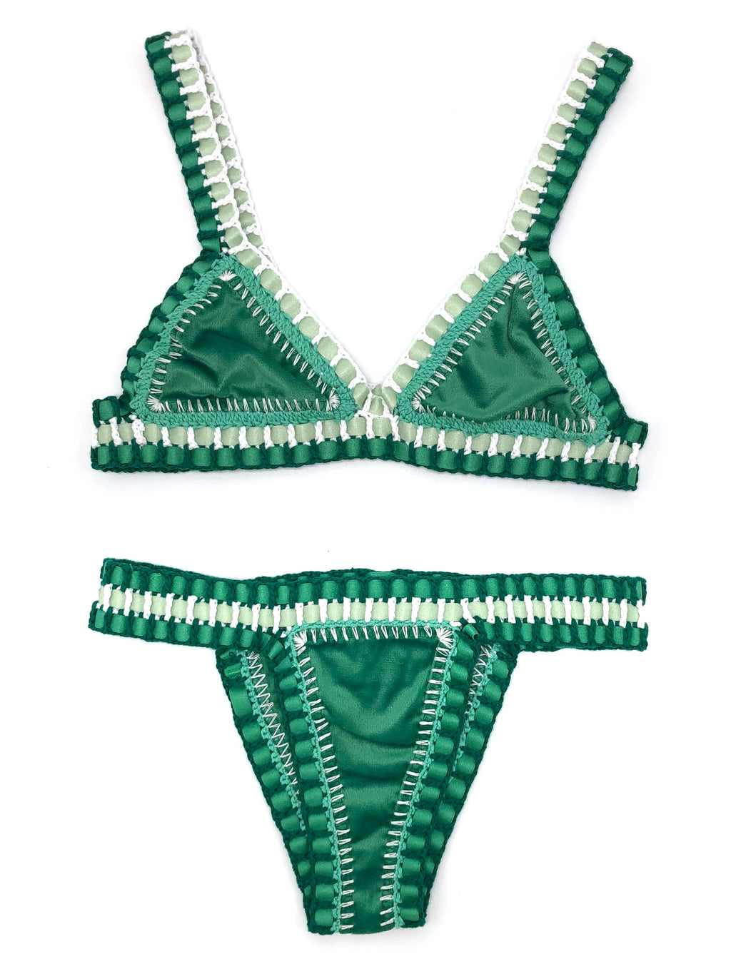 Deep Emerald Green Crochet Bikini Set with Multi-Color Woven Edging