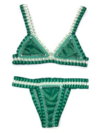Deep Emerald Green Crochet Bikini Set with Multi-Color Woven Edging