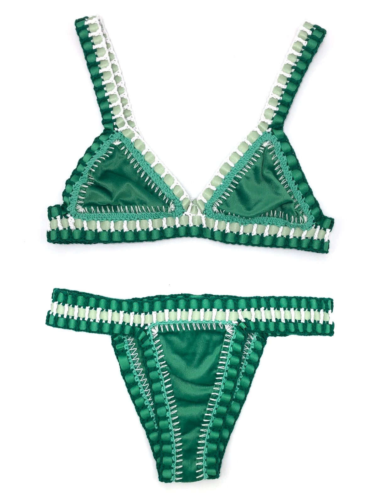 Deep Emerald Green Crochet Bikini Set with Multi-Color Woven Edging
