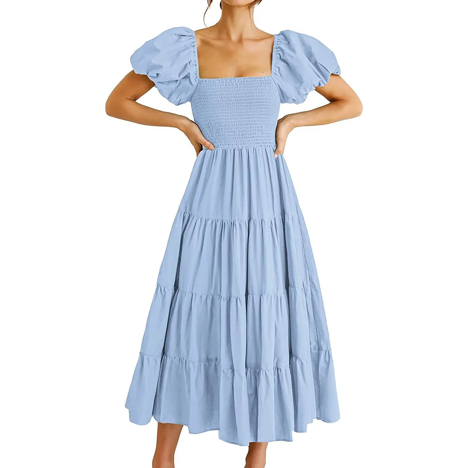 Square Neck Midi Dress with Puff Sleeves and Open Back Design