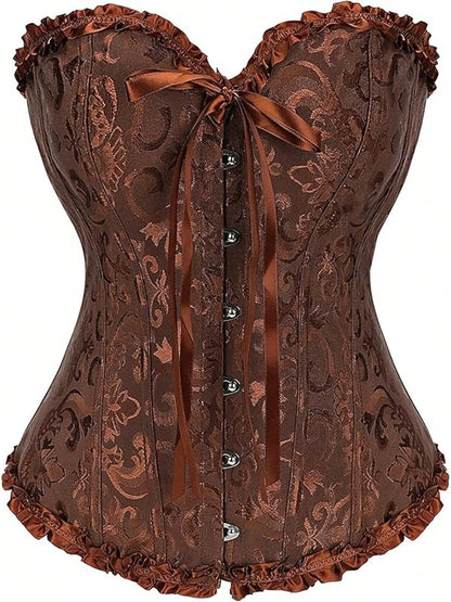 Vintage-Inspired Floral Overbust Corset with Structured Boning and Lace-Up Front