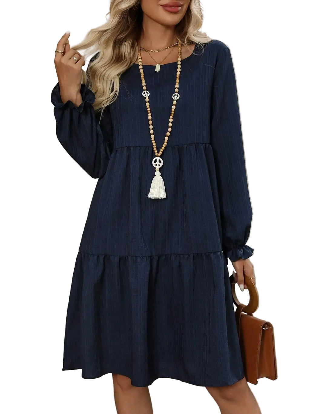 Tiered Long Sleeve A-Line Mini Dress with Relaxed Flowing Silhouette