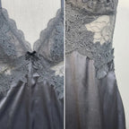 Slate Grey Satin-Finish Chemise with Intricate Sheer Lace Bodice