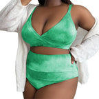 Black Textured High-Waisted Two-Piece Swimsuit with Strappy V-Neck Top and Wide Waistband Detail