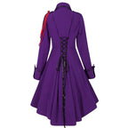Vintage-Inspired Blue Victorian Coat Dress with Red Shoulder Cording and Bow Collar