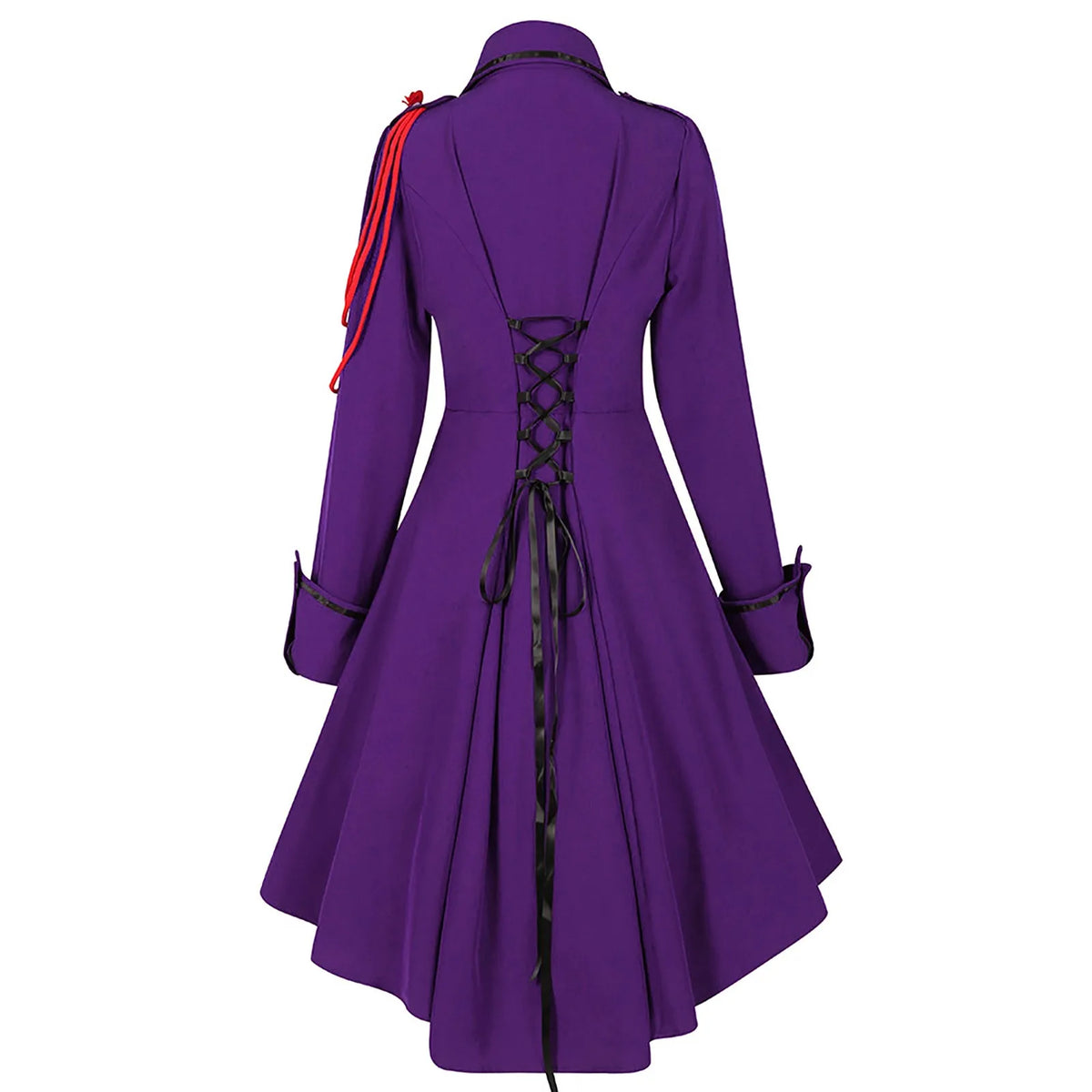 Vintage-Inspired Blue Victorian Coat Dress with Red Shoulder Cording and Bow Collar