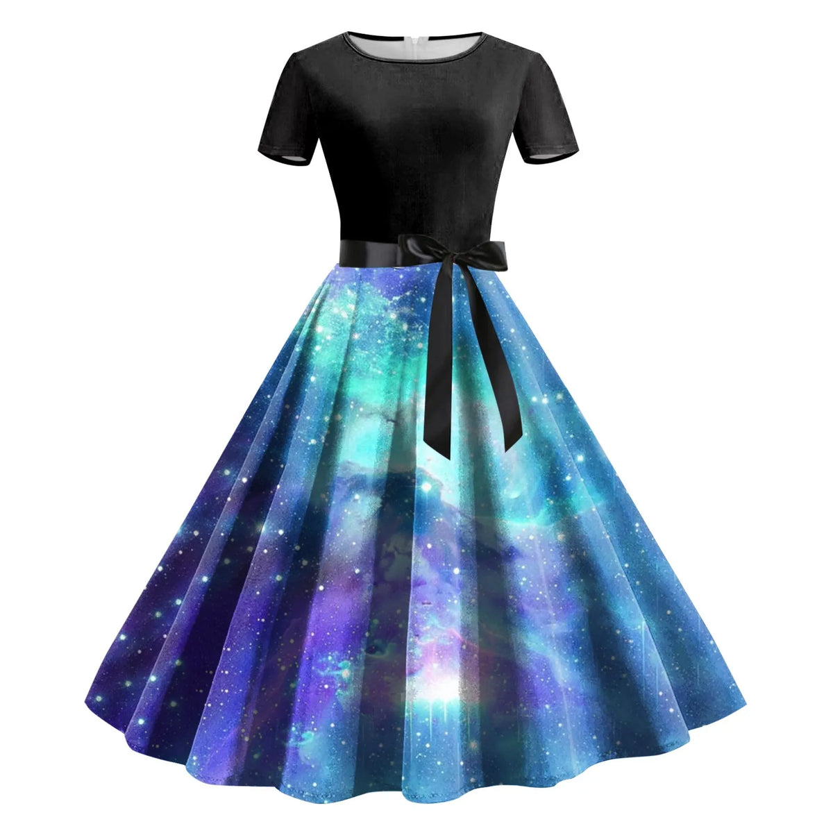 Cosmic Galaxy Print A-Line Swing Dress with Black Bodice and Waist Tie