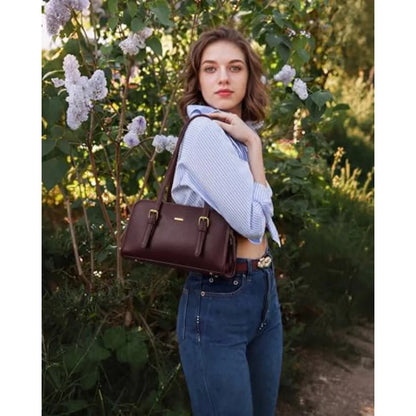 Vintage Inspired Genuine Leather Boston Shoulder Bag with Zip Closure