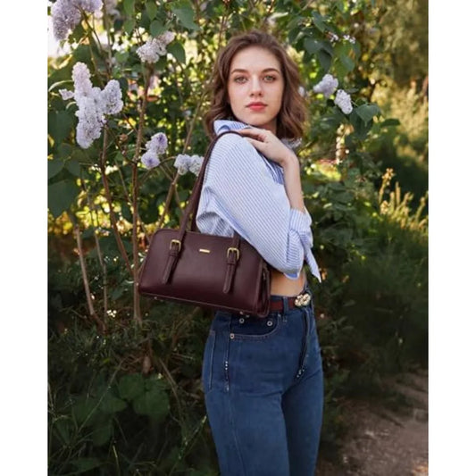 Vintage Inspired Genuine Leather Boston Shoulder Bag with Zip Closure