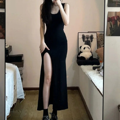 Anime-Inspired Elegant Side Slit Gothic Maxi Dress with Minimal Streetwear Style