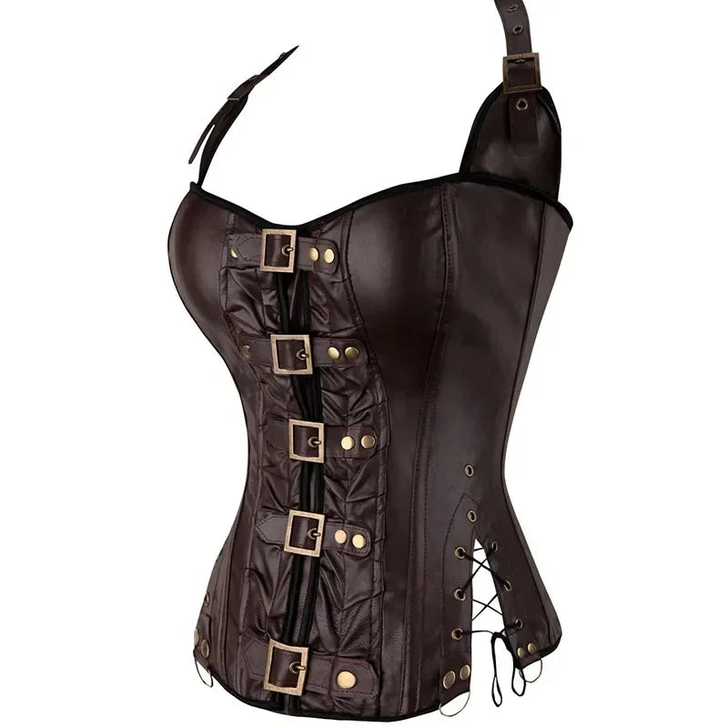 Brown Faux Leather Steampunk Halter Corset with Metal Buckles and Side Lacing