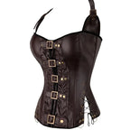 Brown Faux Leather Steampunk Halter Corset with Metal Buckles and Side Lacing