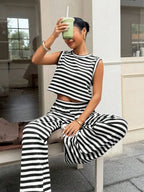 Women's Striped Sleeveless Top and Wide Leg Pants Relaxed Matching Set
