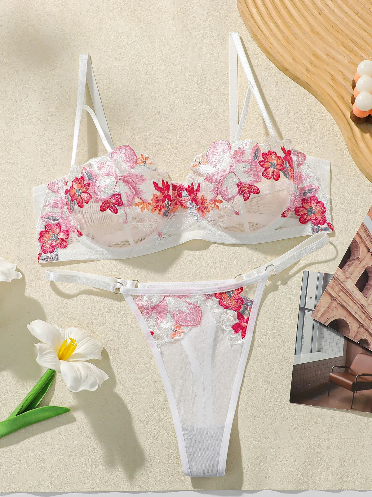 Vibrant Pink Floral Embroidered Sheer Mesh Underwire Bra and Thong Set