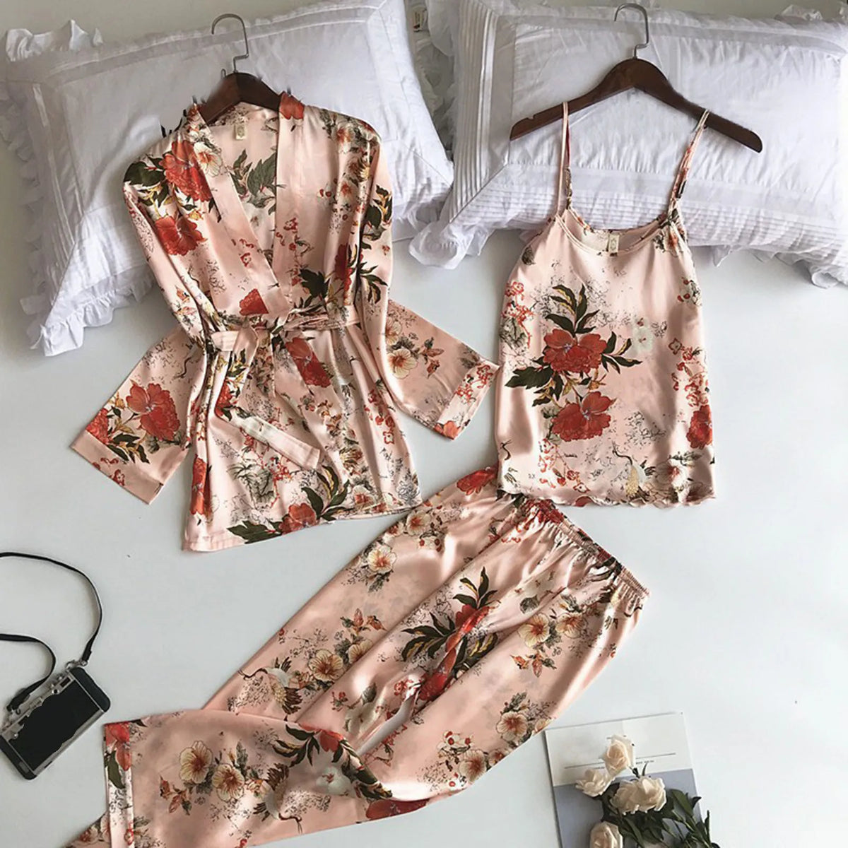 Elegant 3-Piece Floral Print Satin-Finish Loungewear Set with Robe, Cami, and Trousers
