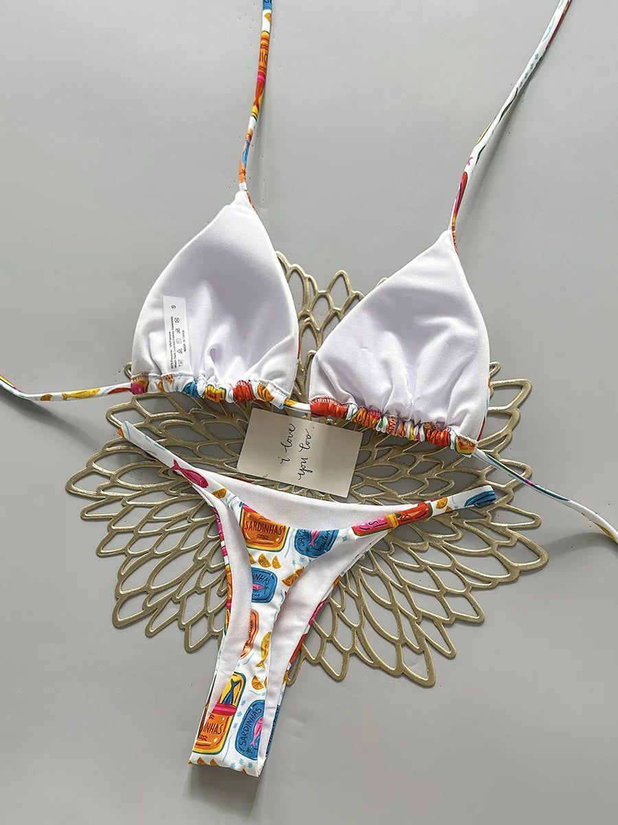 Vibrant Abstract Graphic Print Triangle String Bikini with Minimalist Side-Tie Bottom