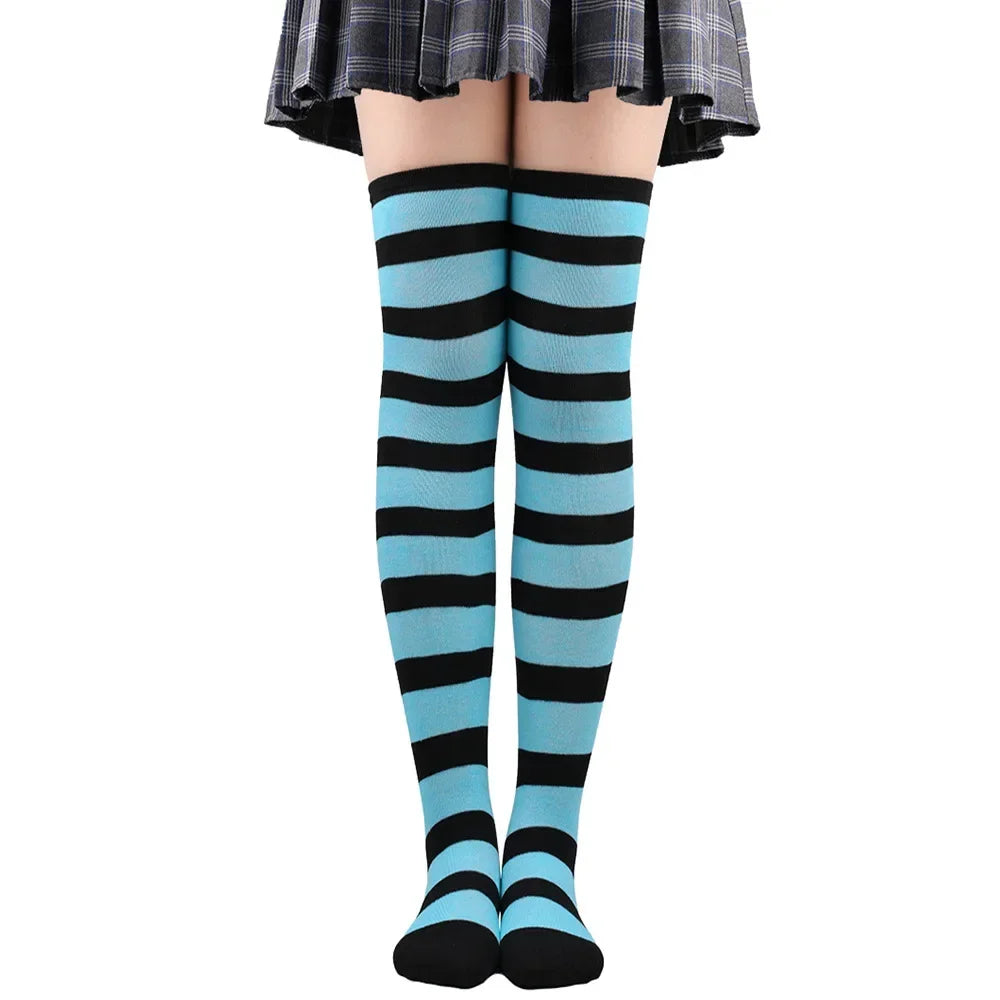 Striped Thigh High Socks with Stretch Knit Construction for Casual Y2K Streetwear Fashion