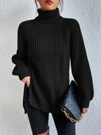 Women's Oversized Turtleneck Knit Sweater with Raglan Sleeves and Relaxed Silhouette