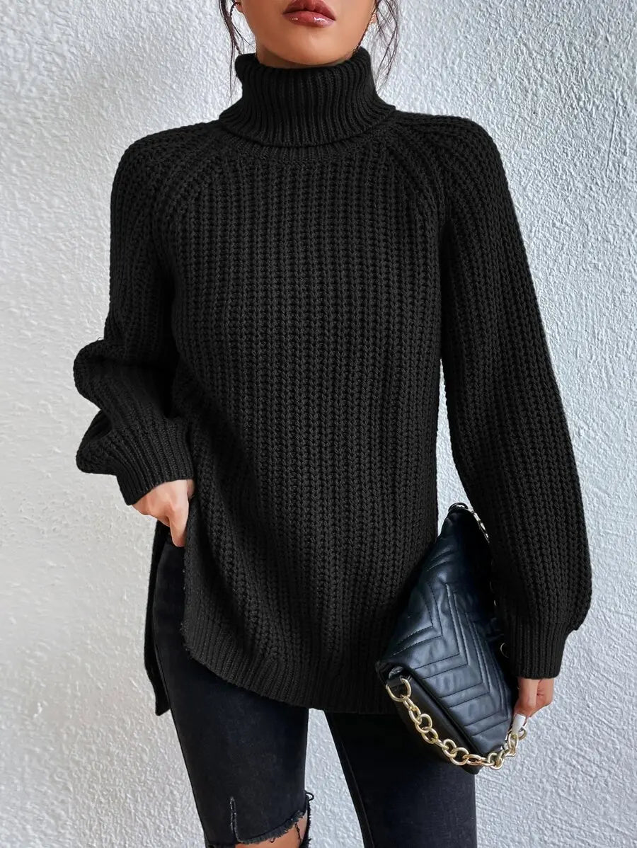 Women's Oversized Turtleneck Knit Sweater with Raglan Sleeves and Relaxed Silhouette