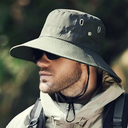Unisex Wide Brim Bucket Sun Hat with Adjustable Chin Strap for Outdoor Adventures