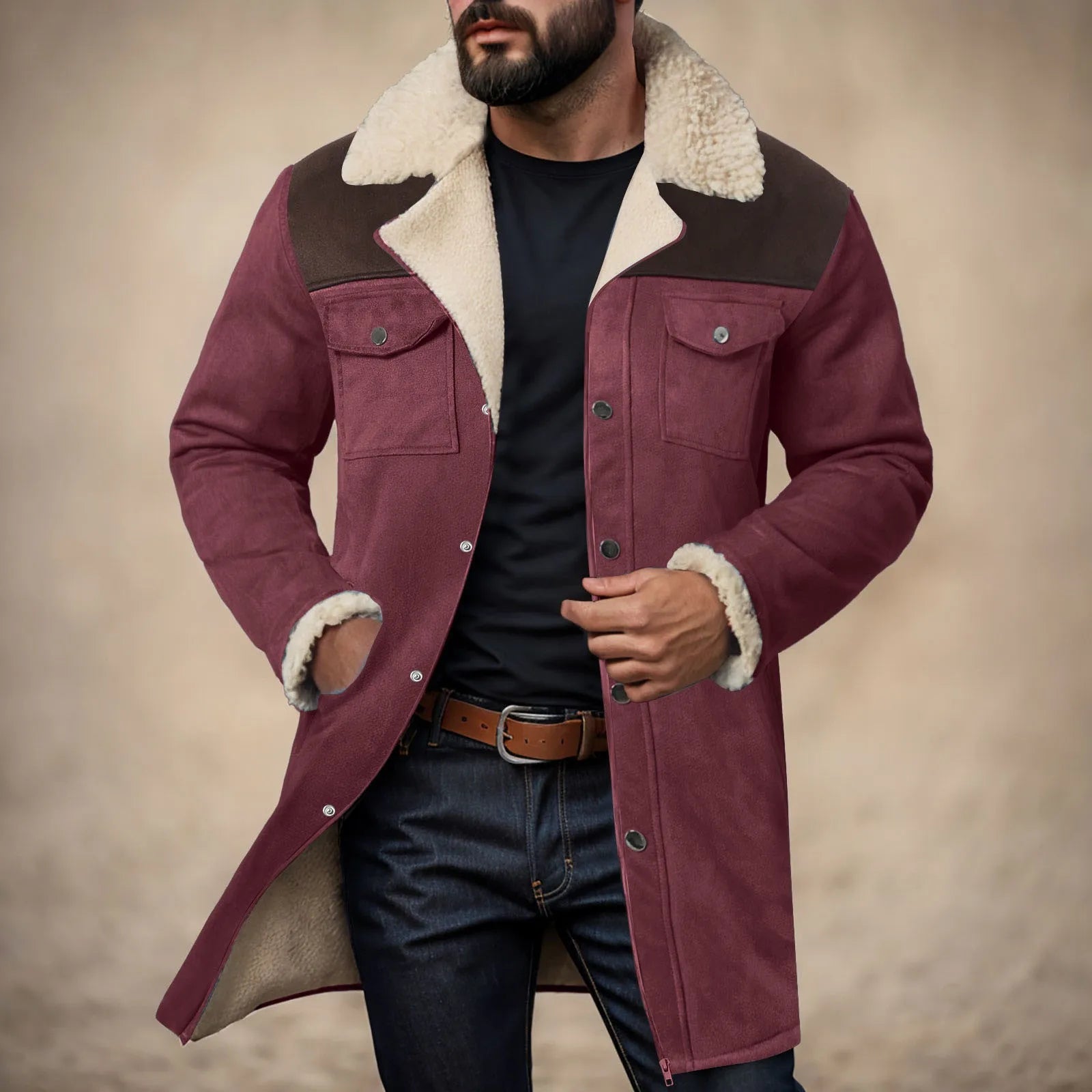 Men's Mid-Length Faux Suede Sherpa Collar Jacket with Utility Pockets for Vintage Streetwear Style