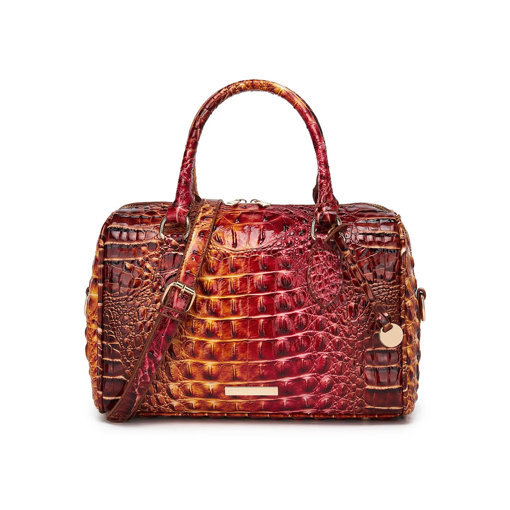 Embossed Top Handle Boston Satchel Bag with Detachable Crossbody Strap