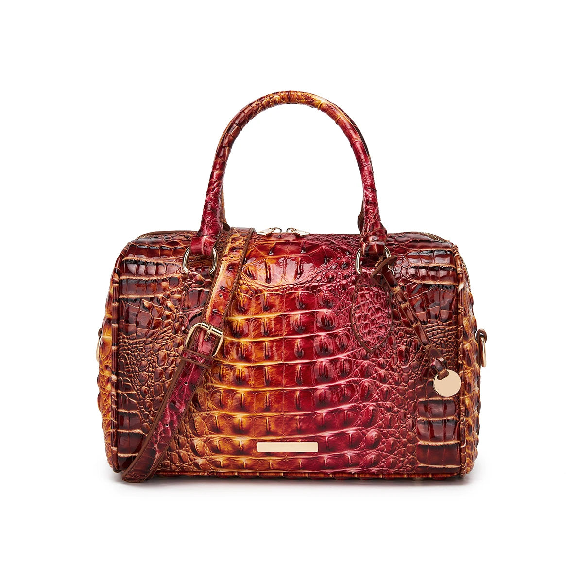 Embossed Top Handle Boston Satchel Bag with Detachable Crossbody Strap