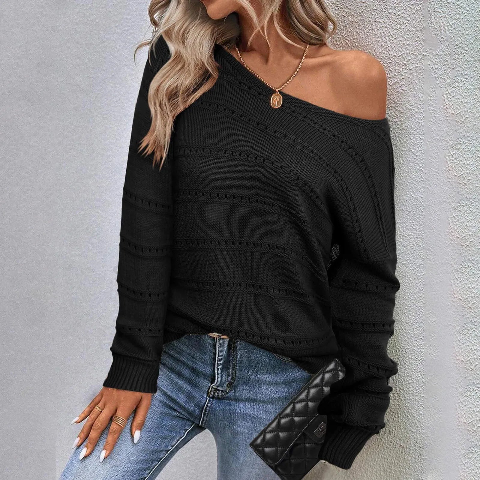 Women's Off Shoulder Loose Knit Sweater Contemporary Streetwear Pullover Top