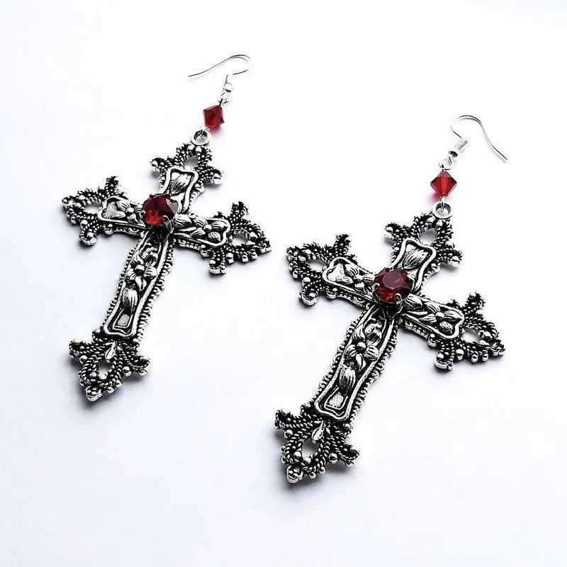 Ornate Cross Drop Earrings for Gothic Punk and Dark Romantic Styling