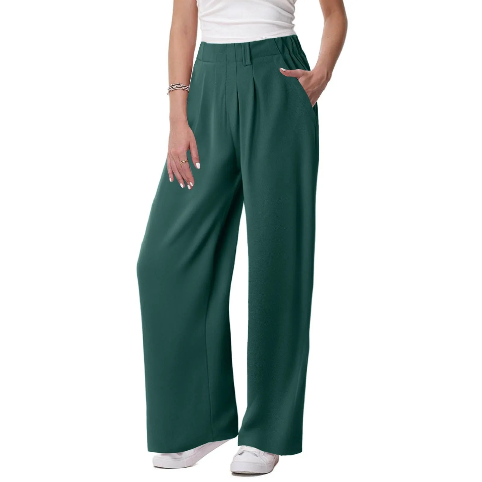 Women's Low Rise Loose Palazzo Pants with Pleated Front and Pocket Casual Streetwear Style