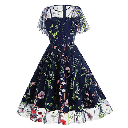 Vintage Floral Gothic Midi Dress with Retro Alternative Elegance
