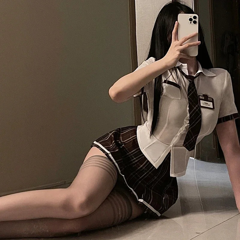 Earth-Toned Collegiate Roleplay Set with Collared Top, Brown Plaid Skirt, and Coordinated Tie