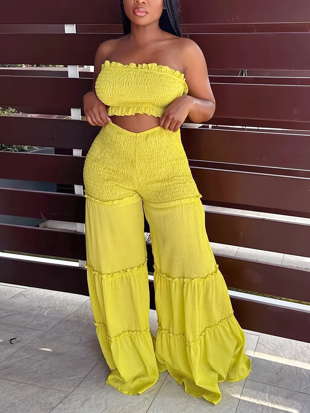 Women's Smocked Tube Top and Wide Leg Pants Co-Ord Set