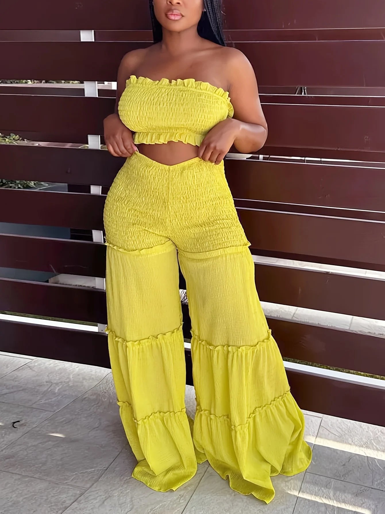 Women's Smocked Tube Top and Wide Leg Pants Co-Ord Set