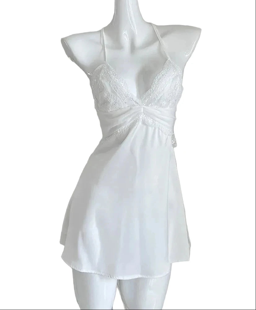 Elegant White Halter-Neck Slip Dress with Sheer Lace Bodice