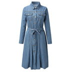 Button Front Denim Midi Dress with Belted Waist and Long Sleeves