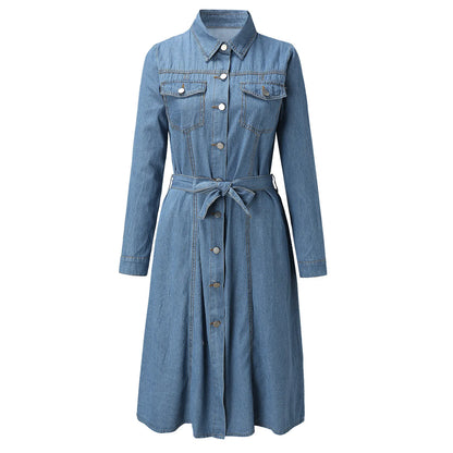 Button Front Denim Midi Dress with Belted Waist and Long Sleeves