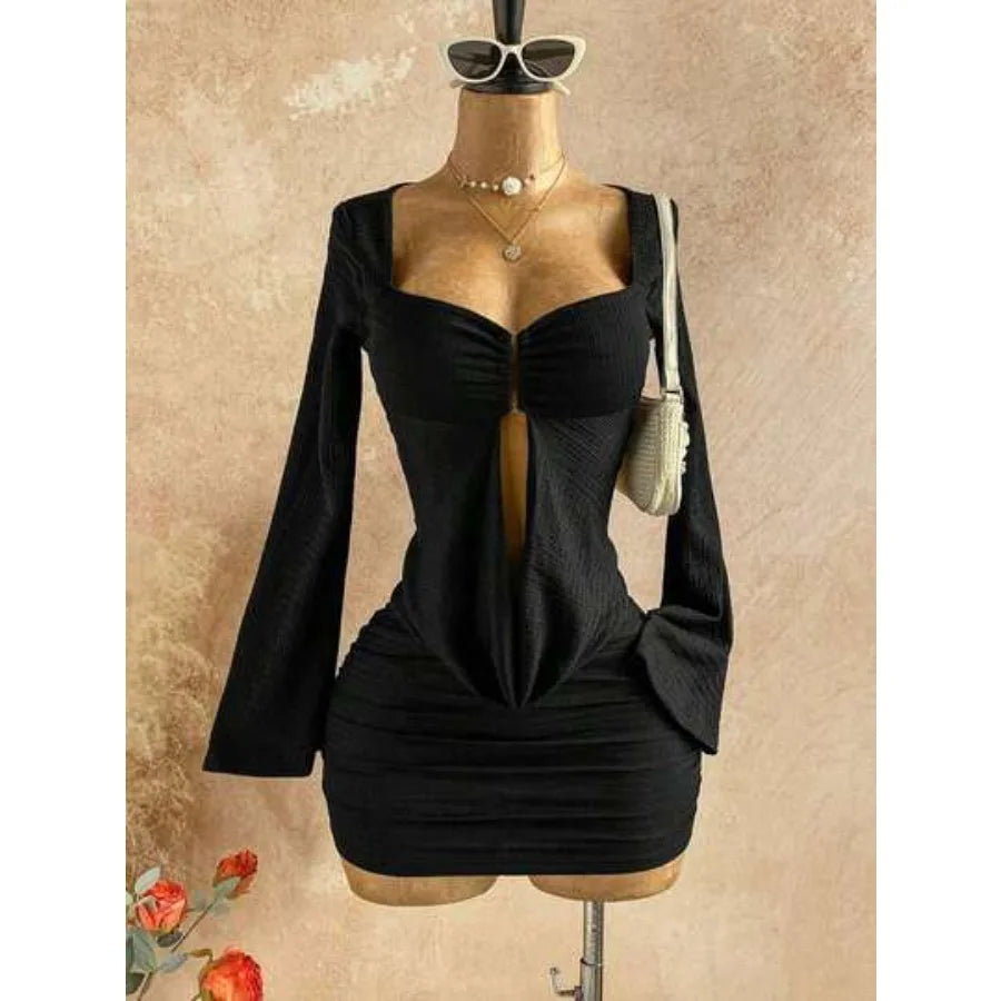 Sweetheart Neck Bodycon Mini Dress with Flare Sleeves and Open Back Detail