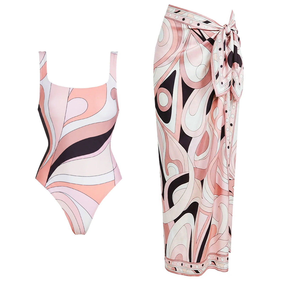 Retro Swirl Print Bandeau Swim Set with Matching Cascading Sarong