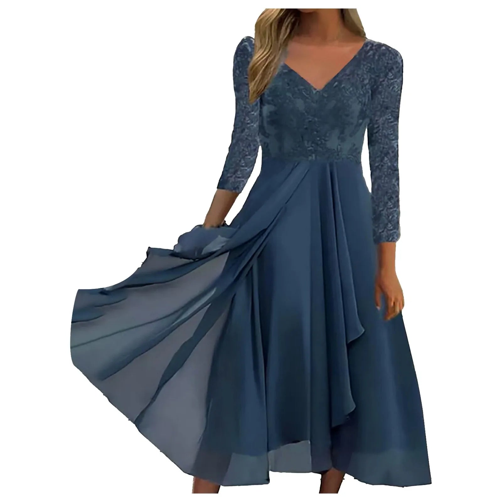 Flowing V Neck Midi Dress With Sheer Lace Sleeve Detailing