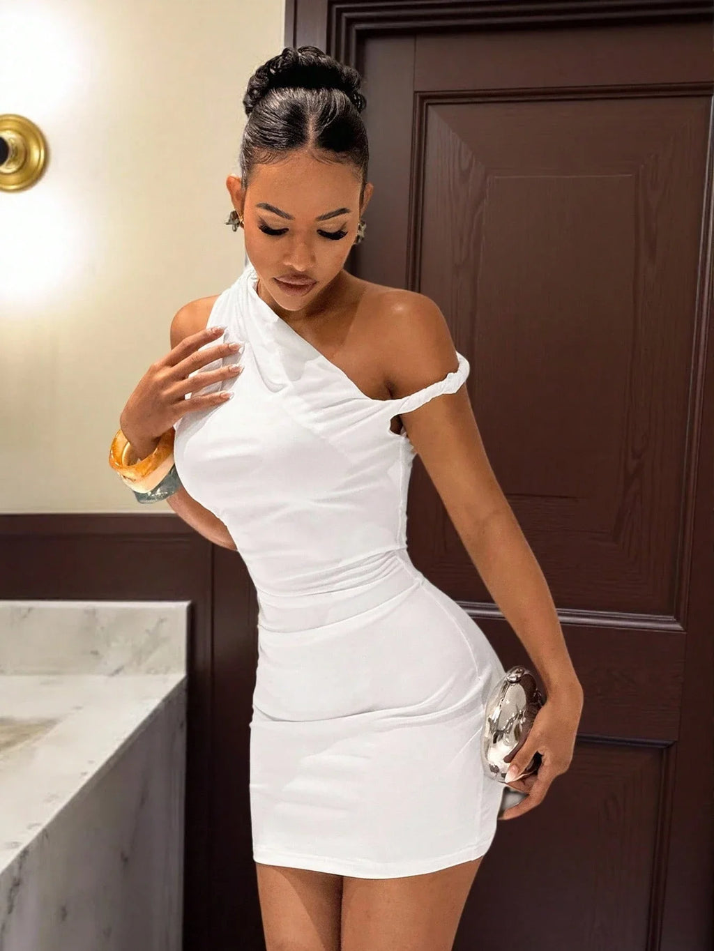 One Shoulder Ruched Mini Dress with Asymmetrical Neckline Modern Bodycon Fit
