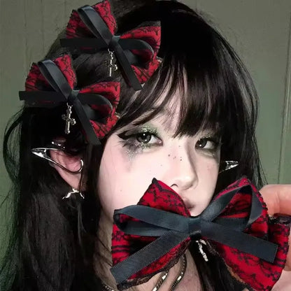Gothic Plaid Bow Hair Clip Dark Romantic Alternative Statement Accessory