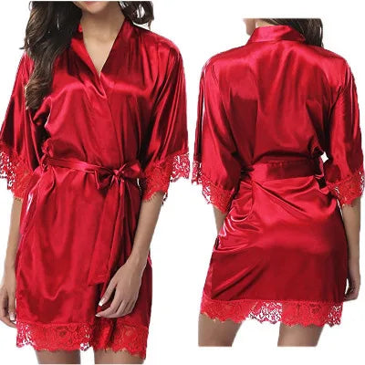 Vibrant Red Satin-Finish Lounging Robe with Delicate Scalloped Lace Trim