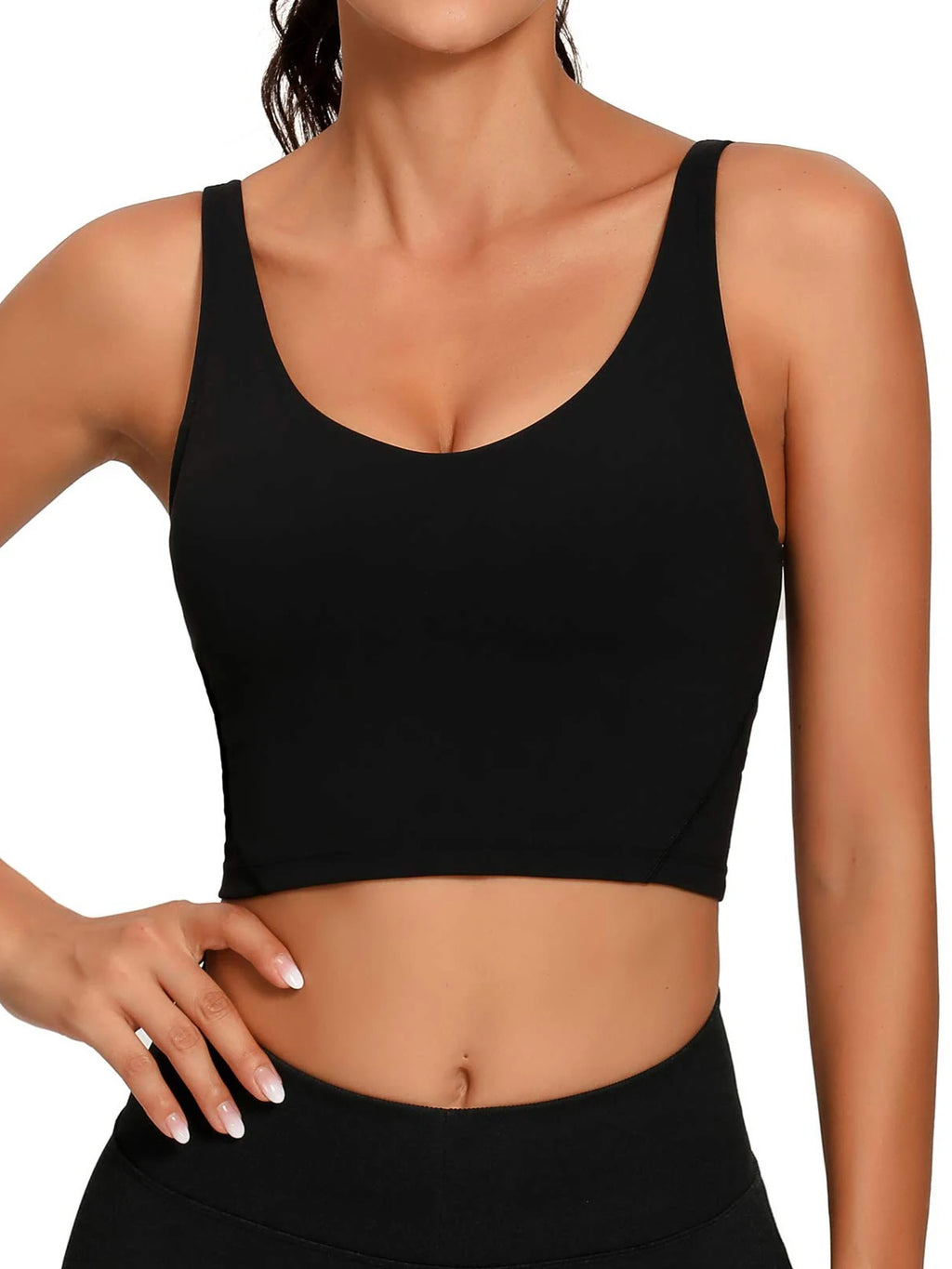 Longline Solid Black Sports Bra with Scoop Neckline and Medium Support