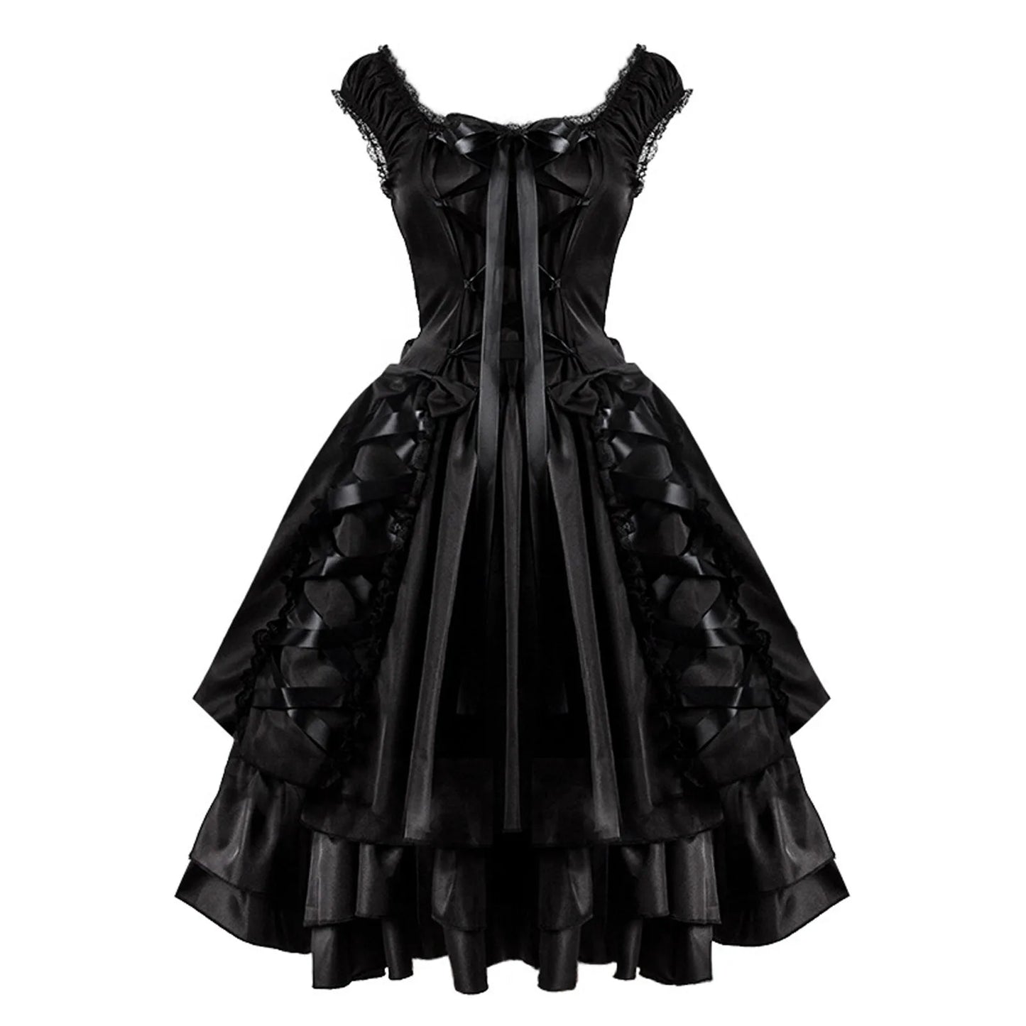 Layered Gothic Corset Dress with Dramatic Ruffle Skirt