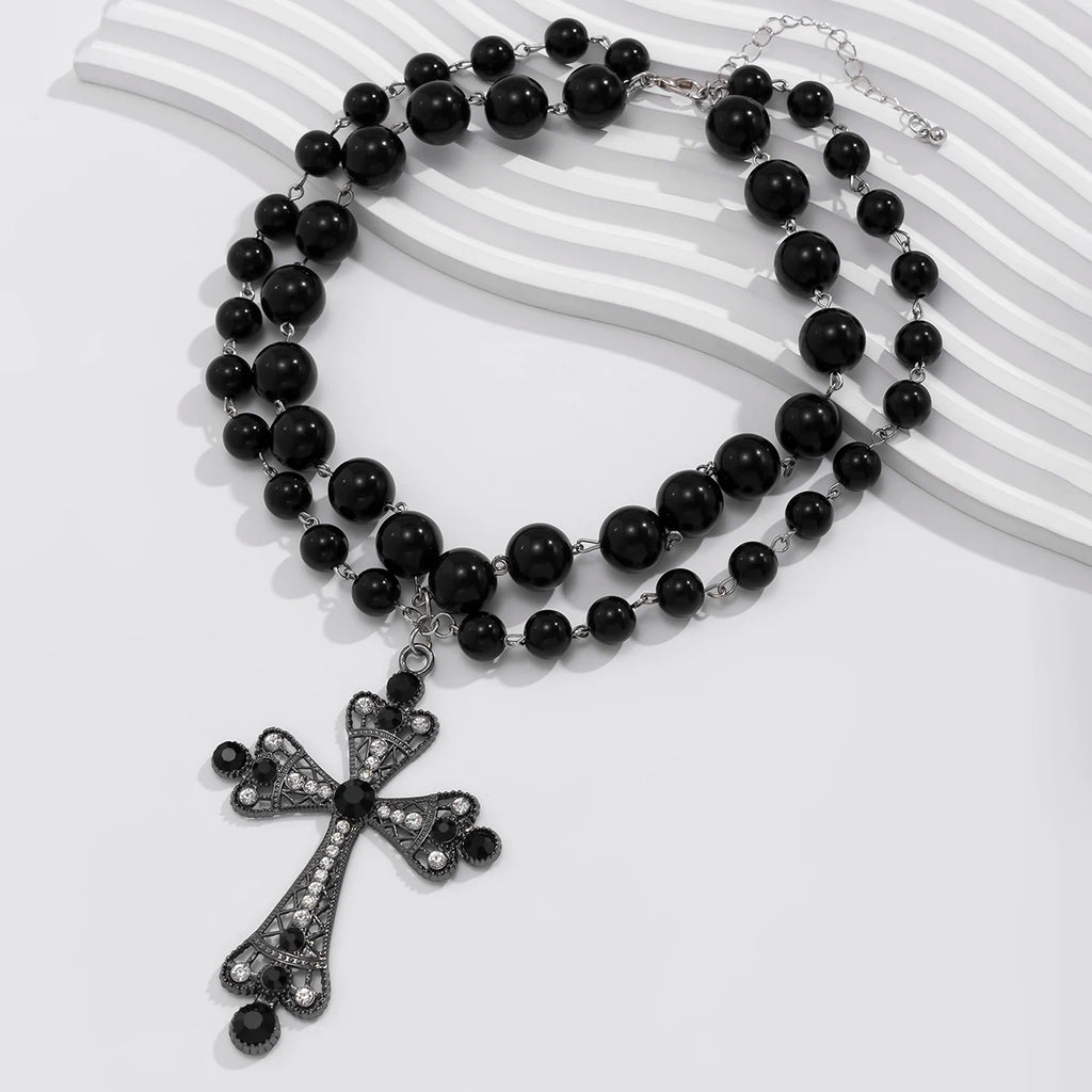 Layered Pearl Cross Necklace for Gothic Dark Feminine Y2K Fashion