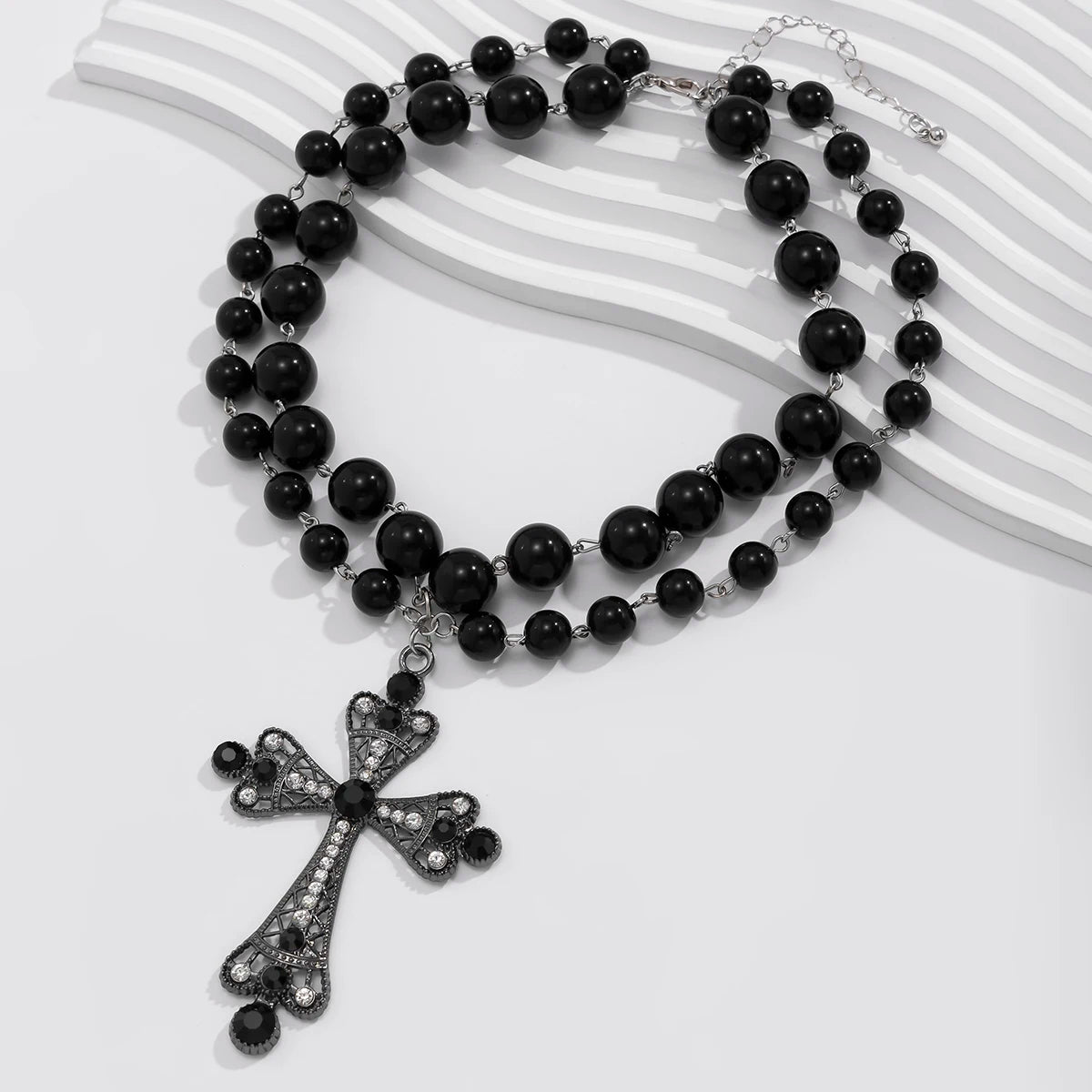 Layered Pearl Cross Necklace for Gothic Dark Feminine Y2K Fashion